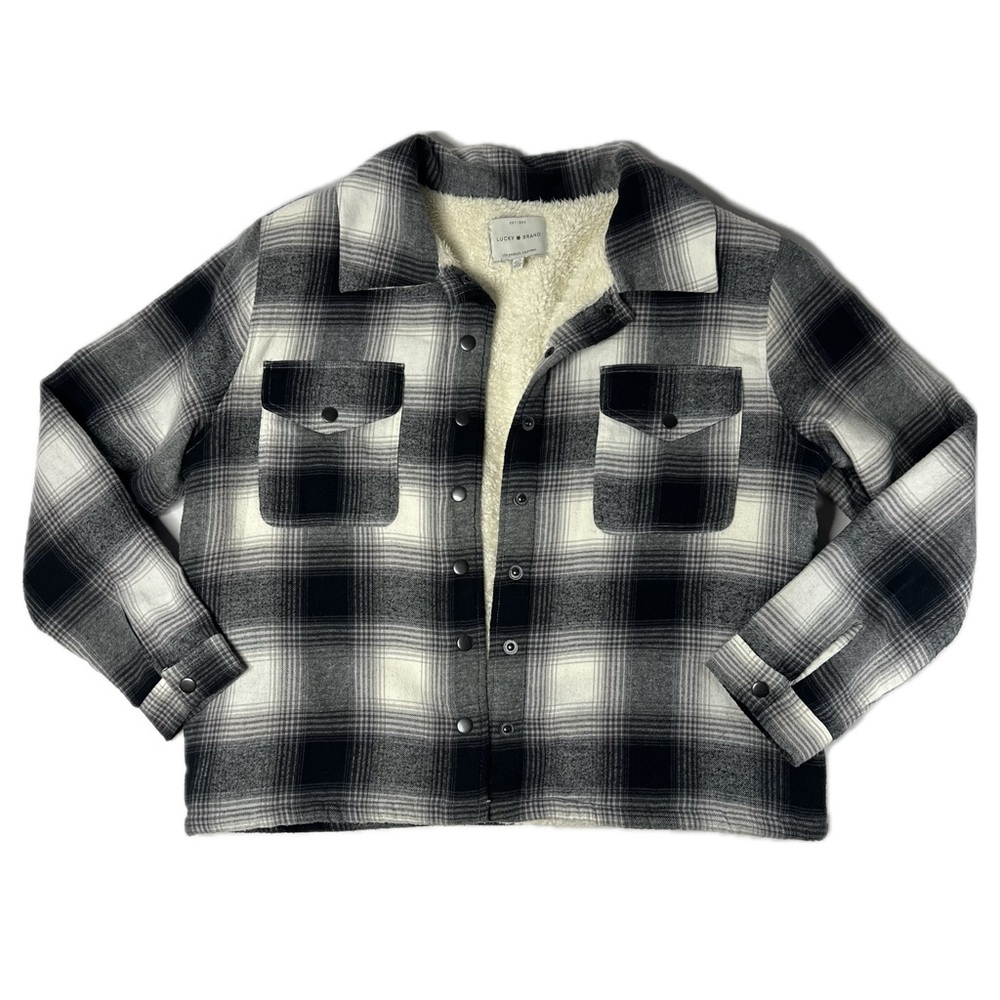 Lucky Brand Fleece Lined Black and White Plaid Shacket Shirt Crop Length Size L - Picture 2 of 8